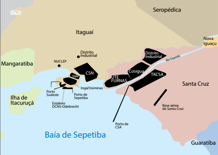 Mapa de empreendimentos industriais e portos na Baía de Sepetiba